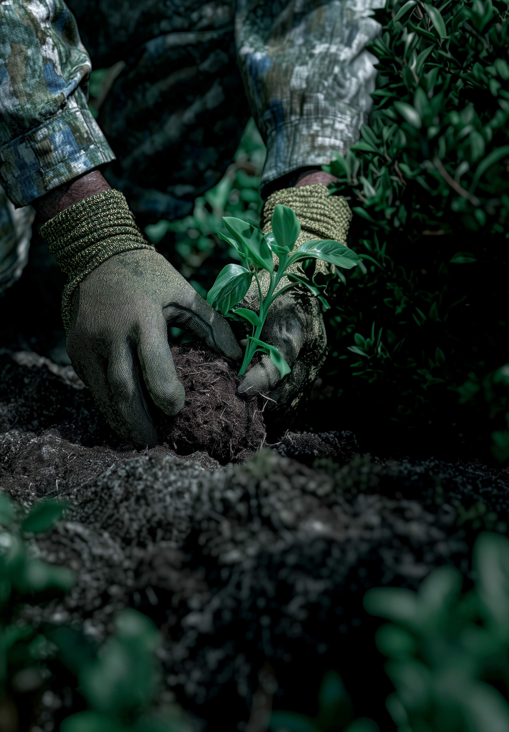 Setzen eines jungen Pflänzchens in frische Erde – nachhaltige Bepflanzung und Gartengestaltung